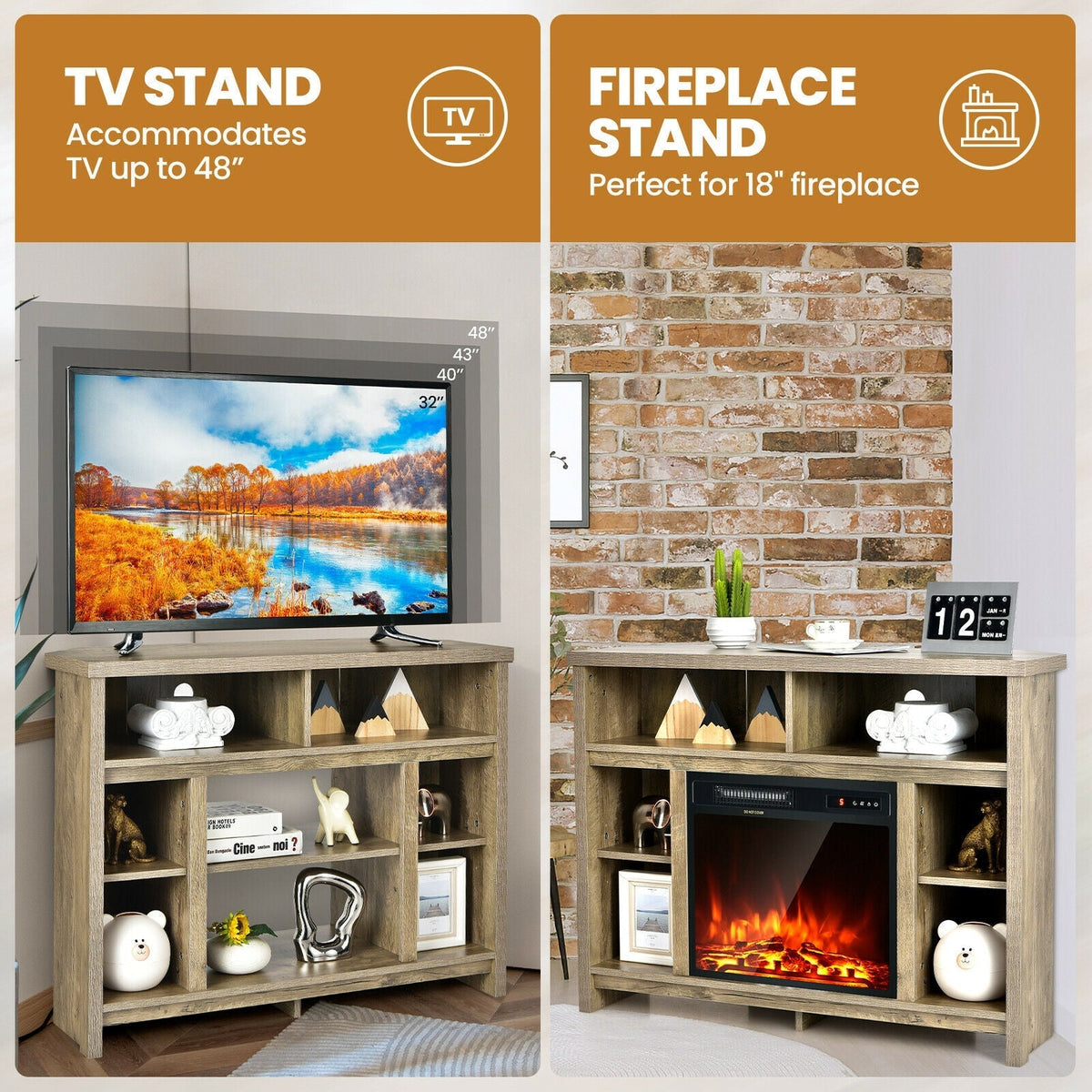 Modern Corner TV Stand with Adjustable Shelves for TVs up to 48 Inch