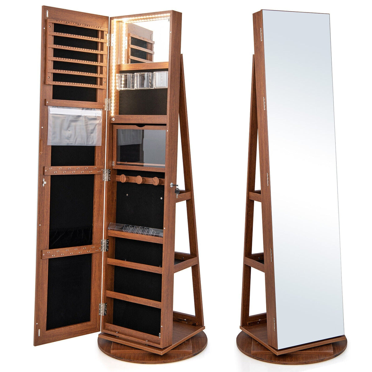 360° Rotating Mirrored Jewelry Cabinet Armoire 3 Color LED Modes Lockable