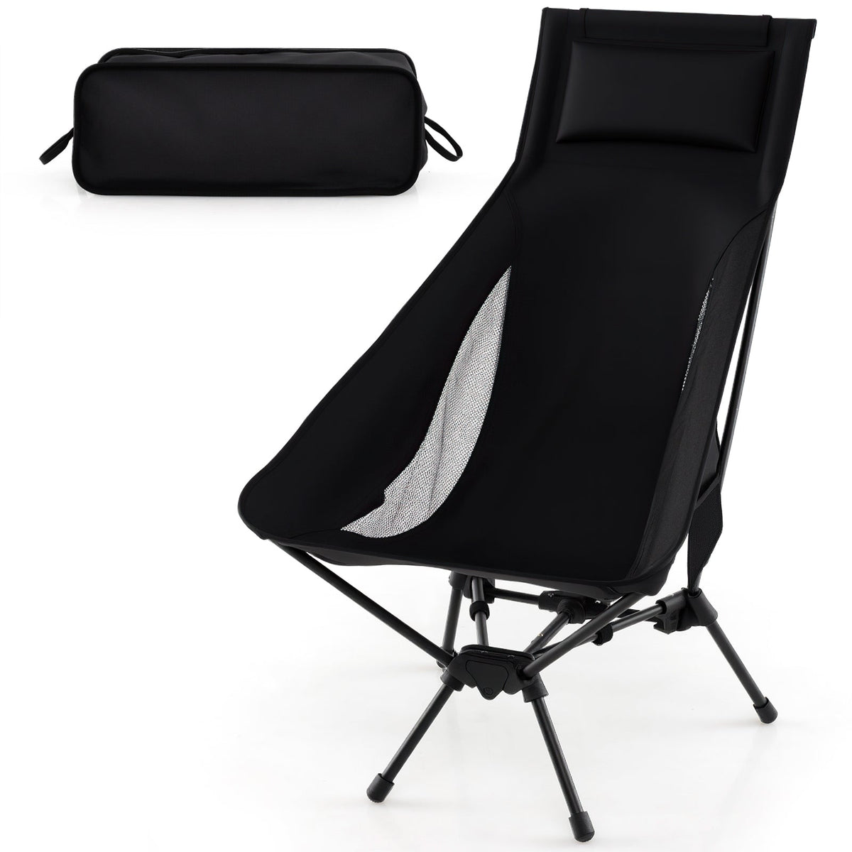 Silla de Camping Portátil de Respaldo Alto con Bolsa de Transporte Compacta y Almohada - Negra
