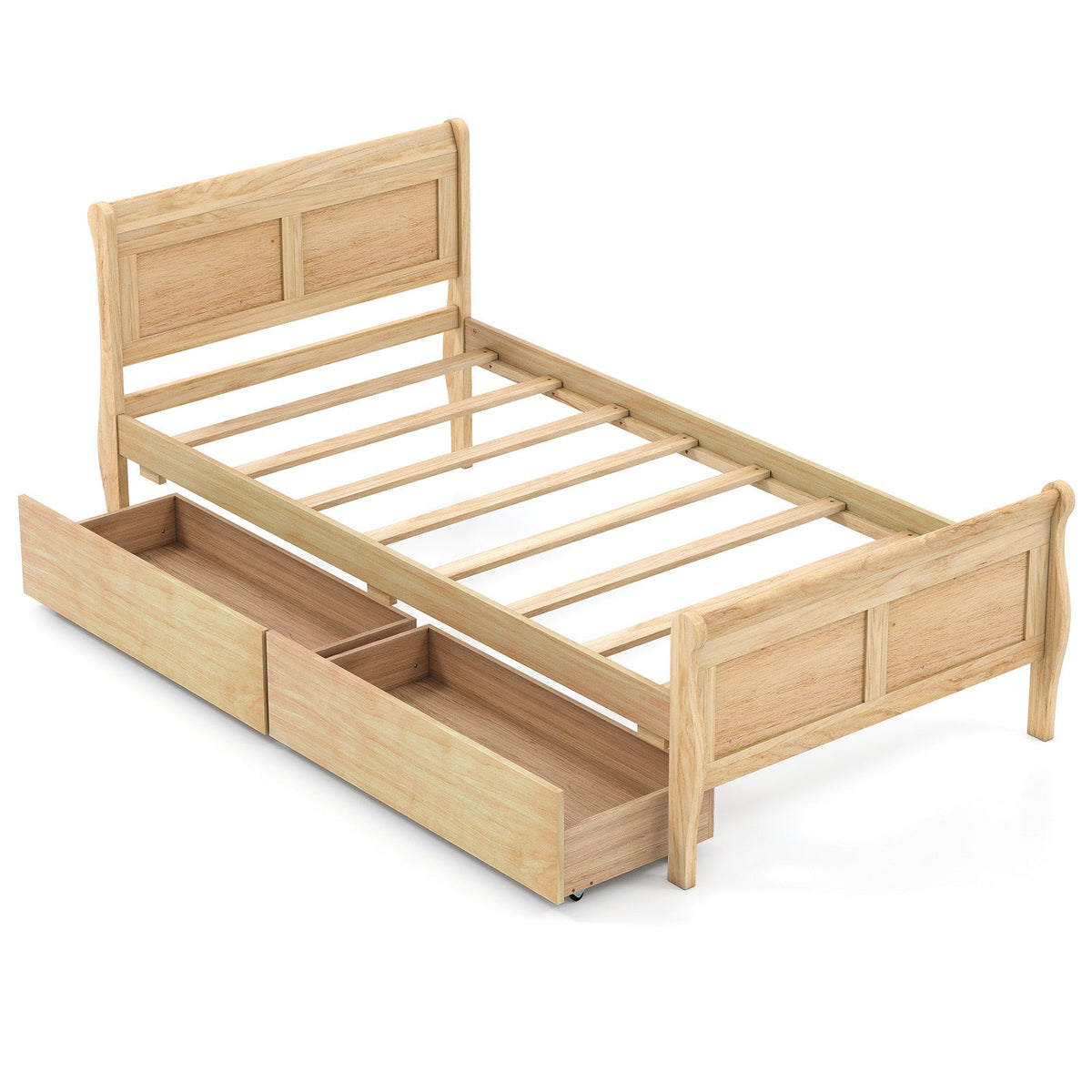 Twin Size Sleigh Bed with 2 Storage Drawers Wood Platform Bed Frame