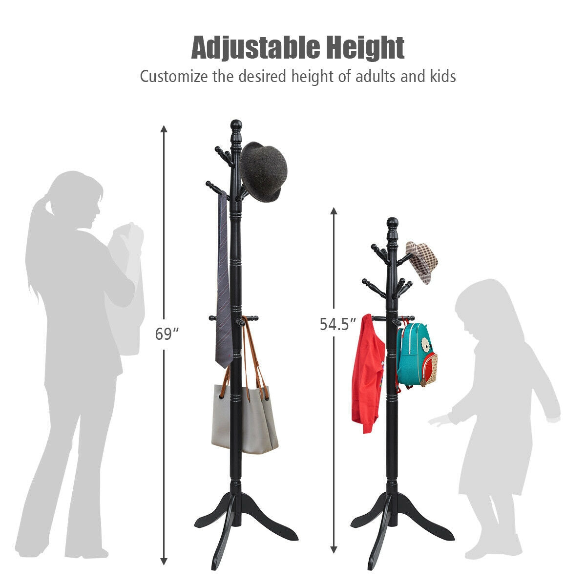 Entryway Height Adjustable Coat Stand with 9 Hooks