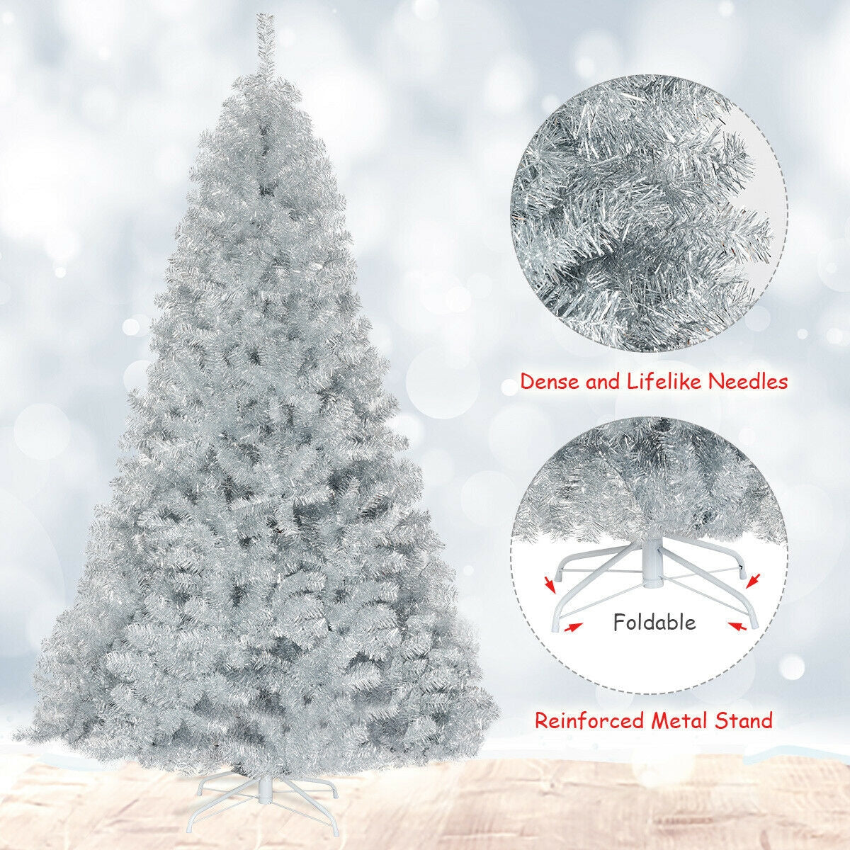 7.5 Ft Hinged Unlit Artificial Silver Tinsel Christmas Tree