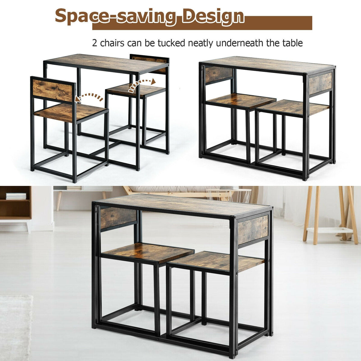 3 Pcs Dining Set Compact Table and 2 Chair with Metal Frame for for Small Space