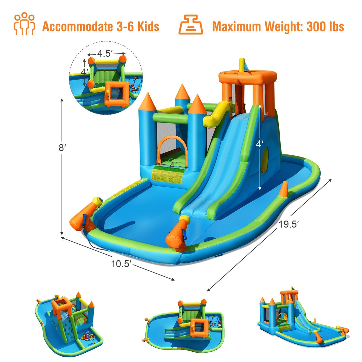 Tobogán de agua inflable con casa de rebote y piscina para salpicar sin soplador para niños