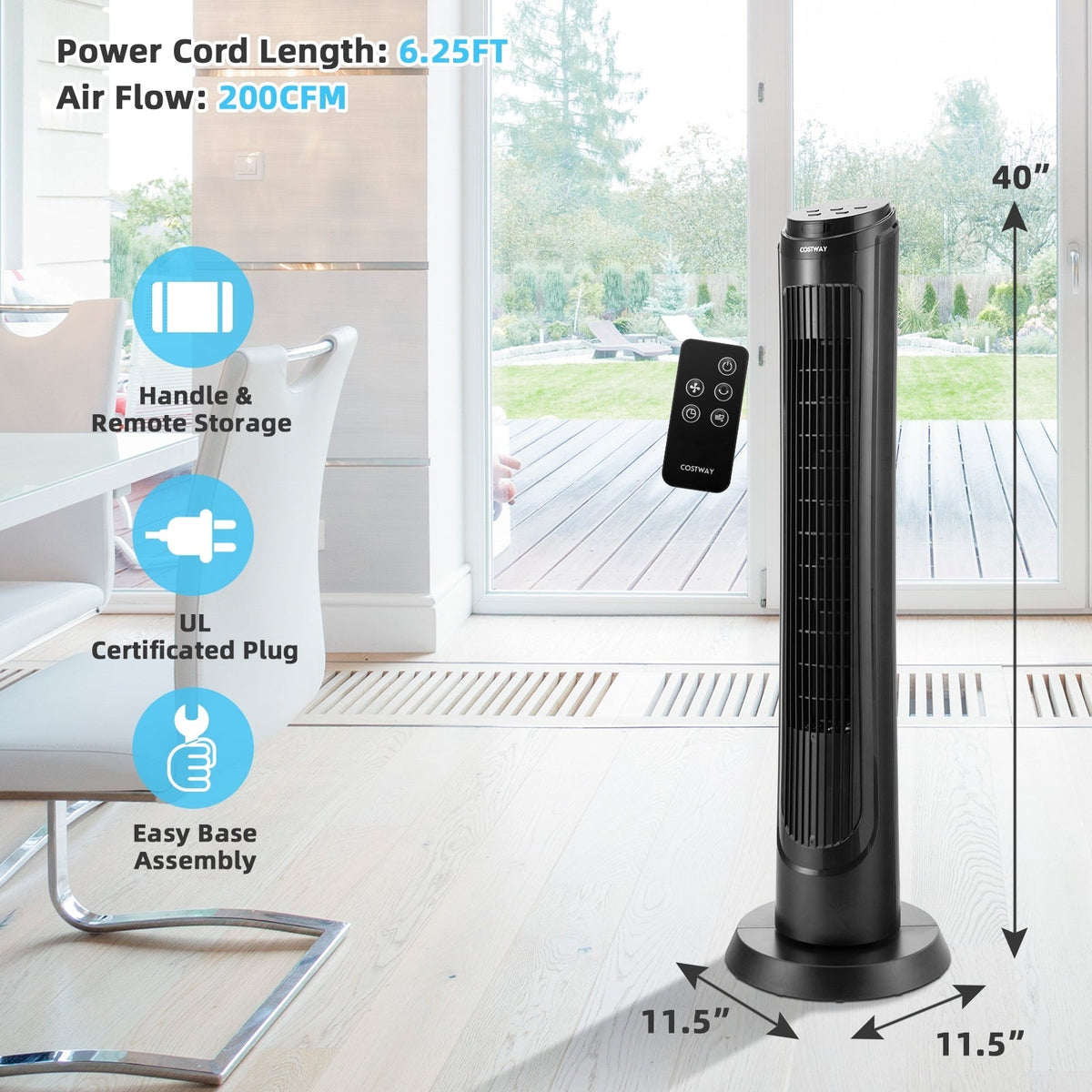 40 Inch Tower Fan with Remote 75Àö Oscillating Fan with 3 Wind Modes and 4 Wind Speeds-Black