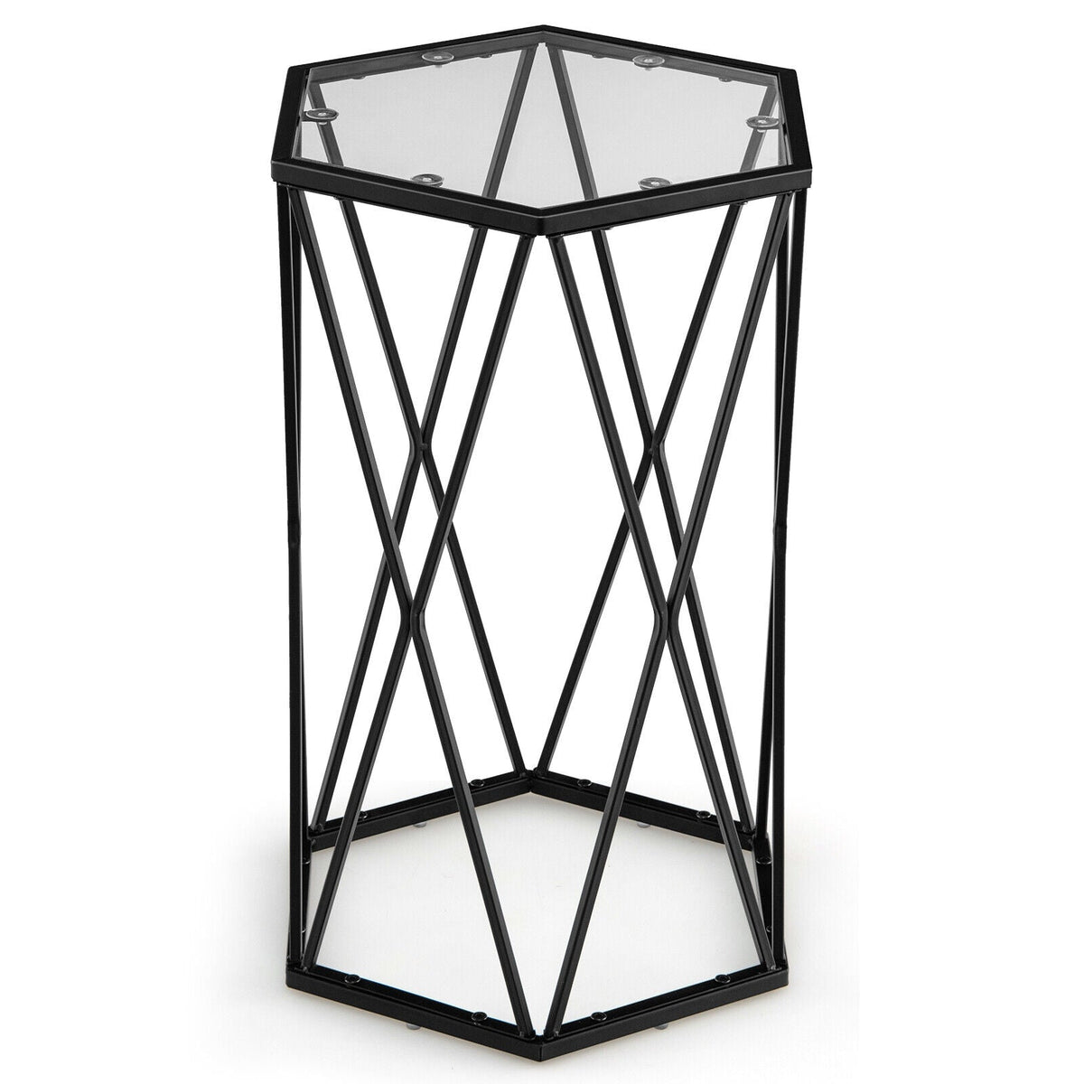 Hexagonal Accent End Table with Tempered Glass Top and Metal Frame
