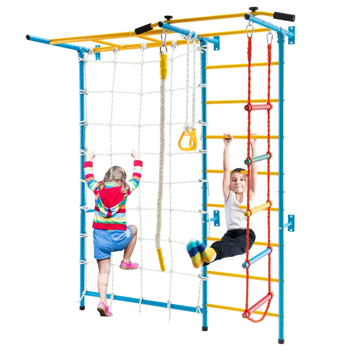 7 en 1 Parque de juegos infantil de interior para niños con escalera de pared sueca para pared sólida - Amarillo