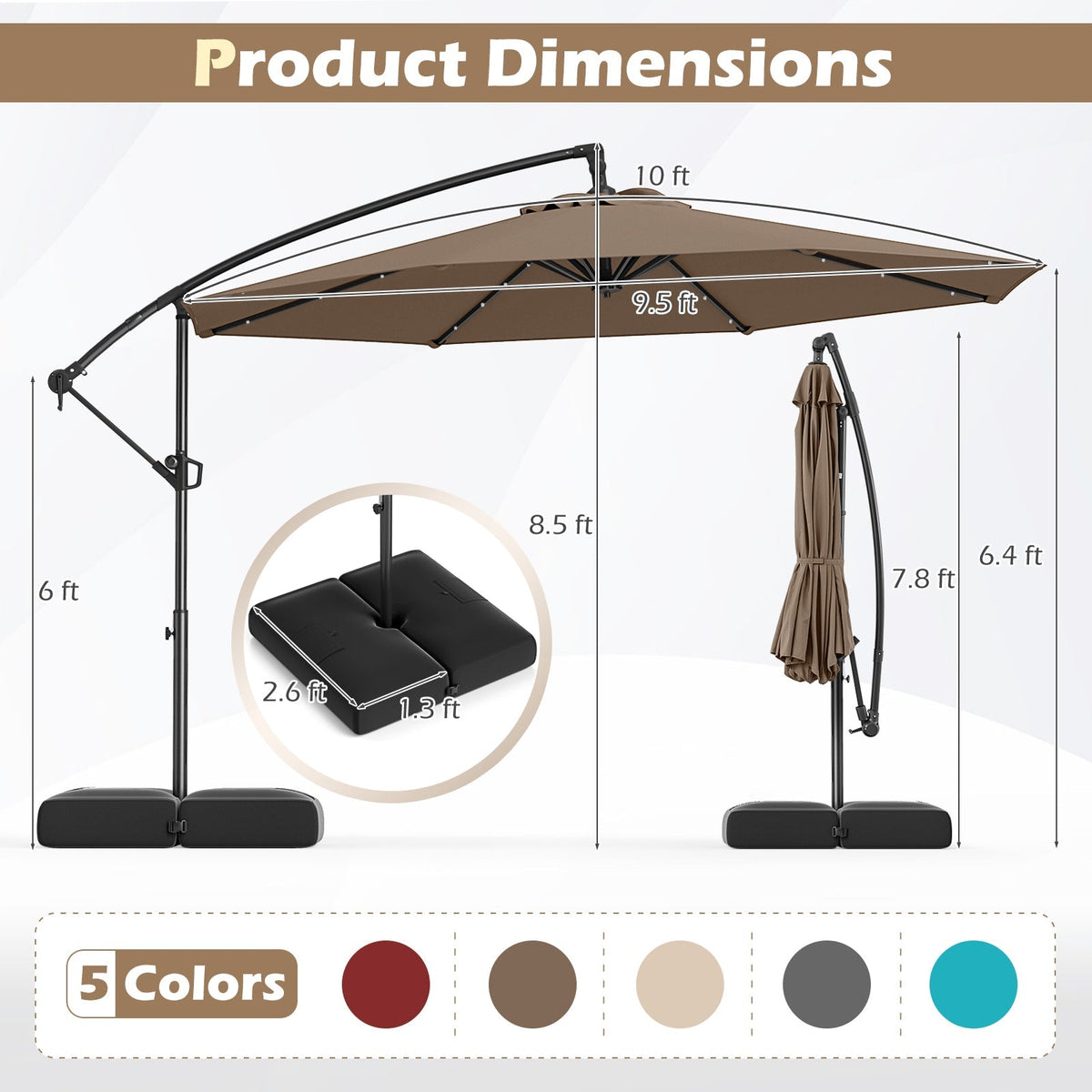 10 Feet Solar Offset Hanging Umbrella with Base and 32 LED Lights-Taupe