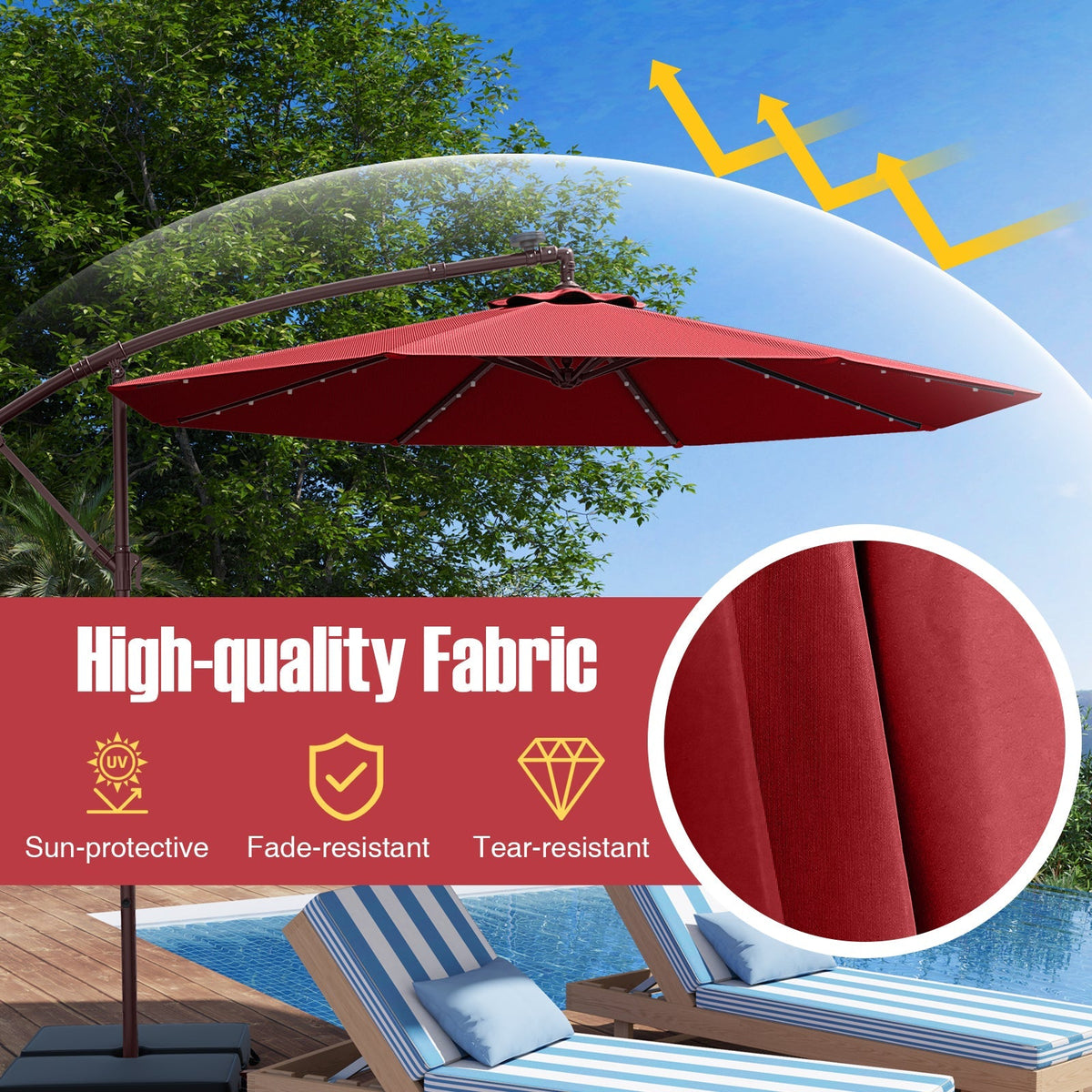 Sombrilla de patio de 10 pies, tipo parasol voladizo lateral con 40 luces solares