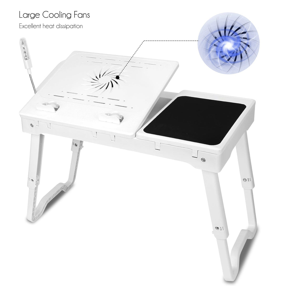 Foldable Laptop Table Bed Notebook Desk w/Cooling Fan Mouse Board LED light 4 x USB Ports Breakfast Snacking Tray with Storage Groove For Home Office