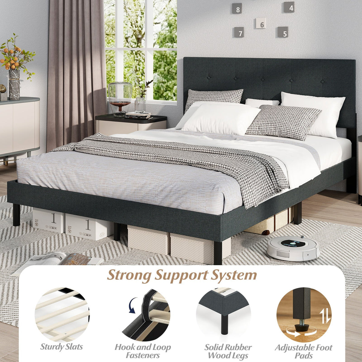 Queen Size Upholstered Bed Frame Linen Platform Bed-Dark Gray