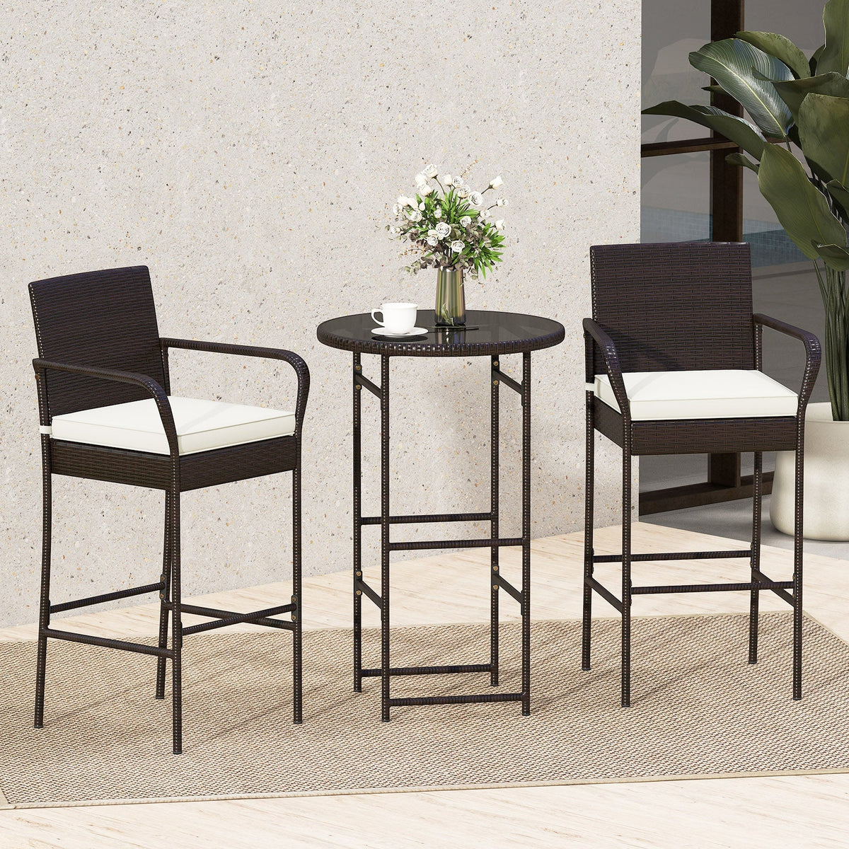 3 Piece Outdoor Bar Set with 2 Seat Cushions for Porch Yard-White