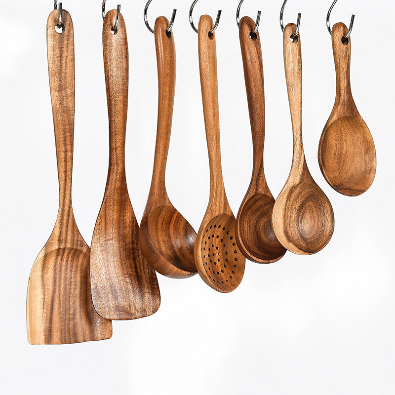 Cuchara de madera de teca natural, cucharón, espátula, colador de arroz, espumadera de sopa, juego de utensilios de cocina, cuchara, cucharon, herramientas y aparatos de cocina