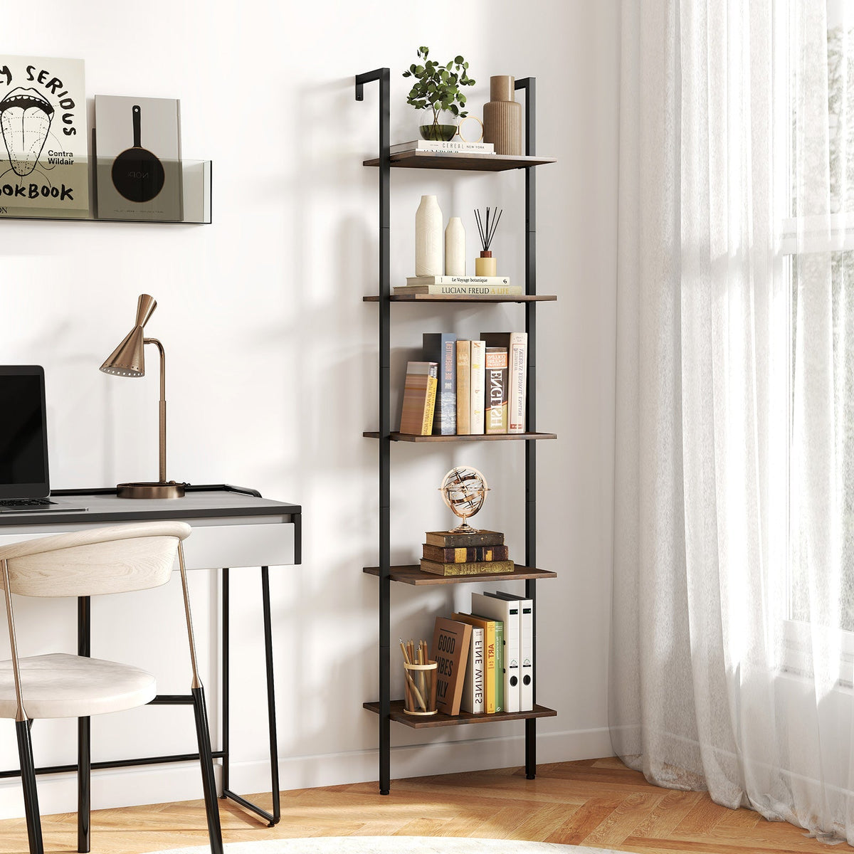 5 Tier Wall Mount Ladder Shelf with Anti-Tipping Kits for Home Office-Rustic Brown
