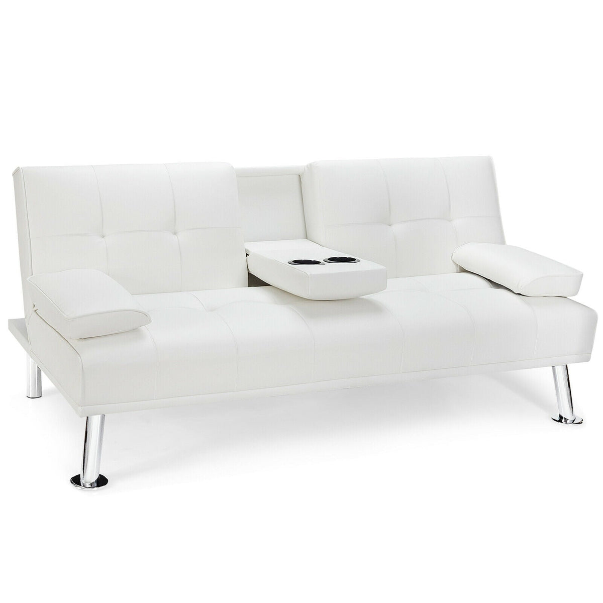 Convertible Folding Leather Futon Sofa with Cup Holders and Armrests