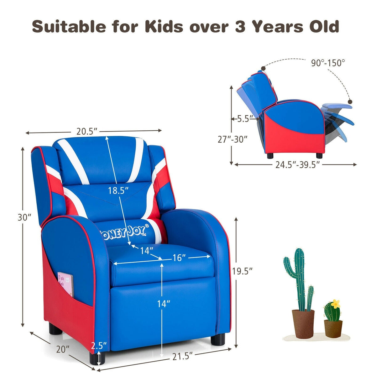 Sillón reclinable infantil de cuero con bolsillos laterales