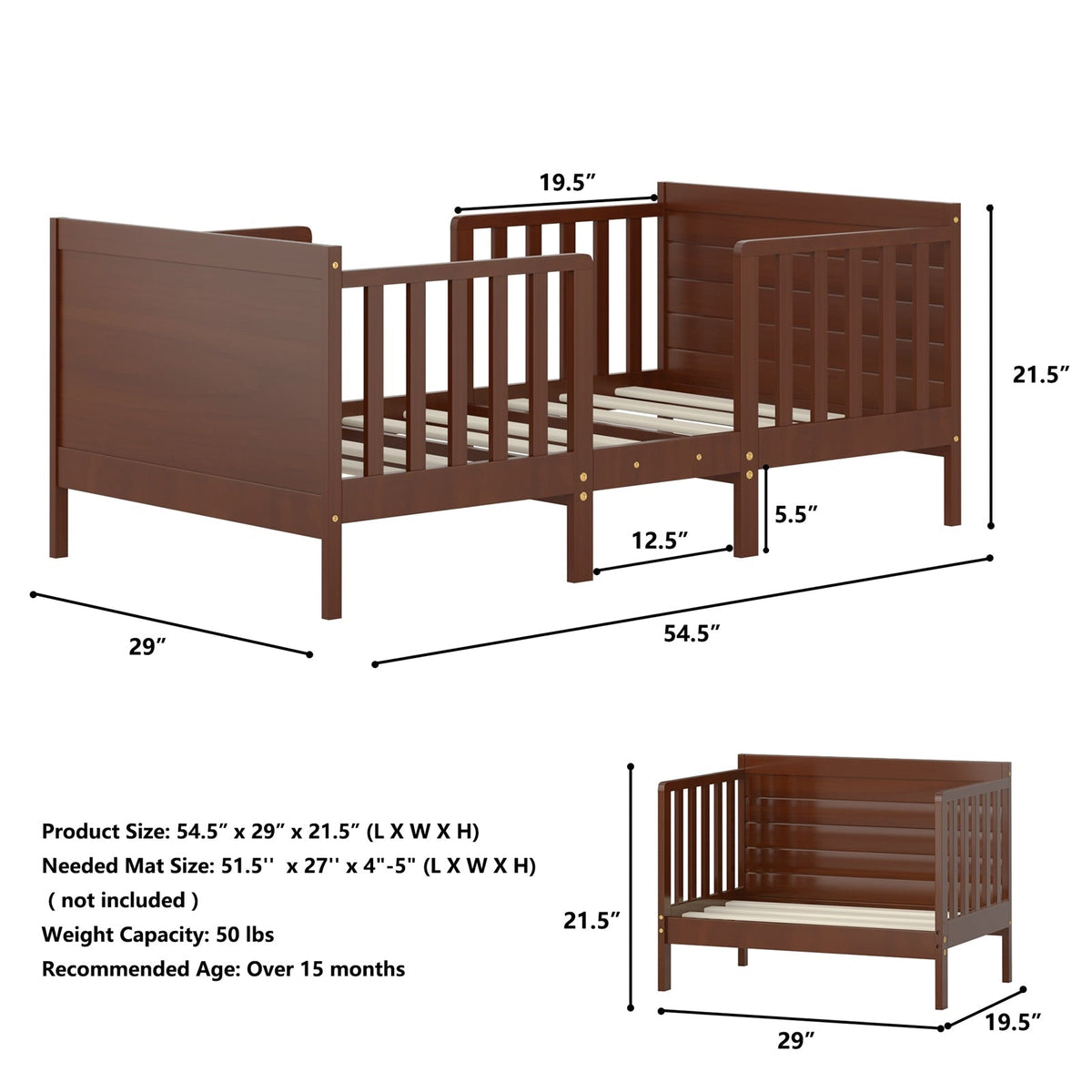 2-in-1 Convertible Kids Wooden Bedroom Furniture with Guardrails