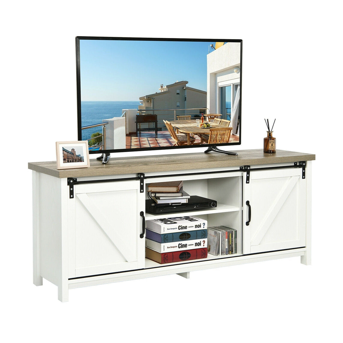 TV Stand Media Center Console Cabinet with Sliding Barn Door
