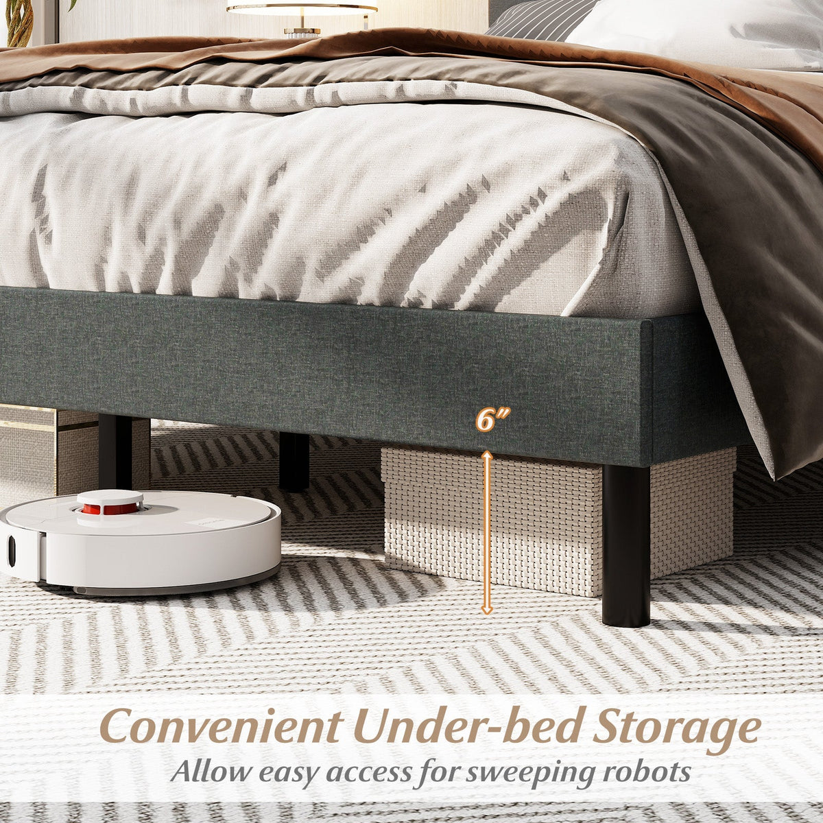 Queen Size Upholstered Bed Frame Linen Platform Bed-Dark Gray