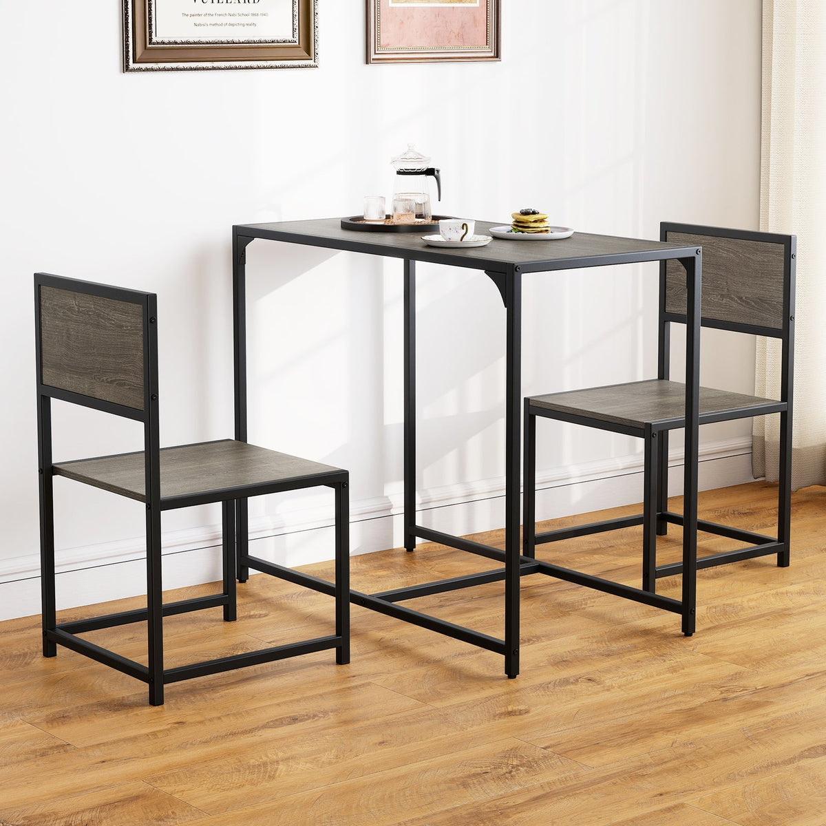 3 Pcs Dining Set Compact Table and 2 Chair with Metal Frame for for Small Space