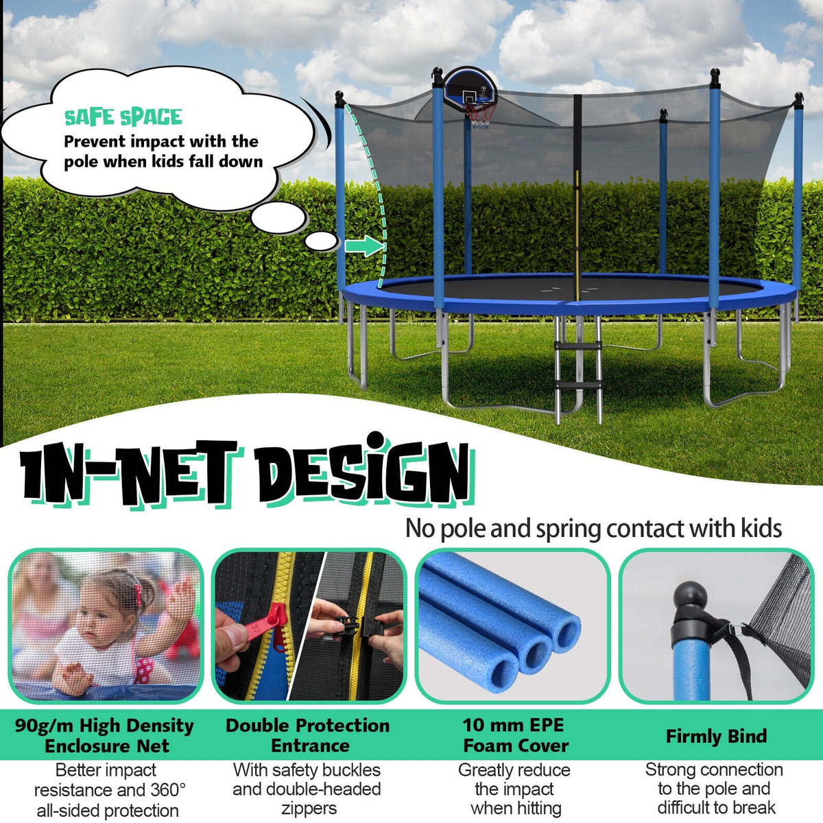 Outdoor Recreational Trampoline with Ladder and Enclosure Net
