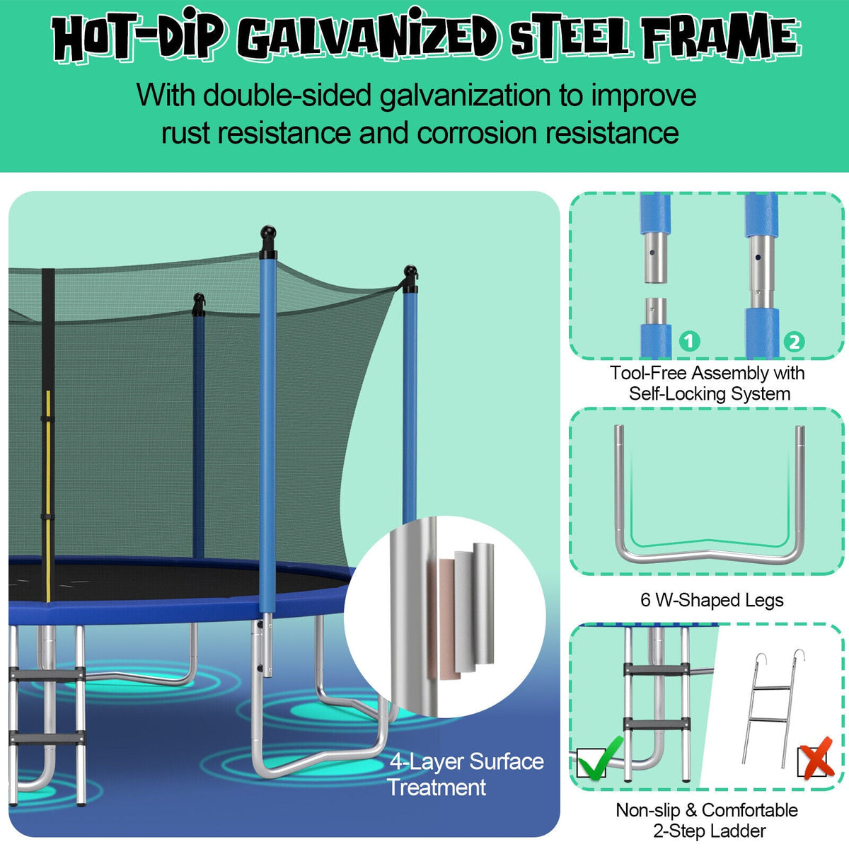 Outdoor Recreational Trampoline with Ladder and Enclosure Net