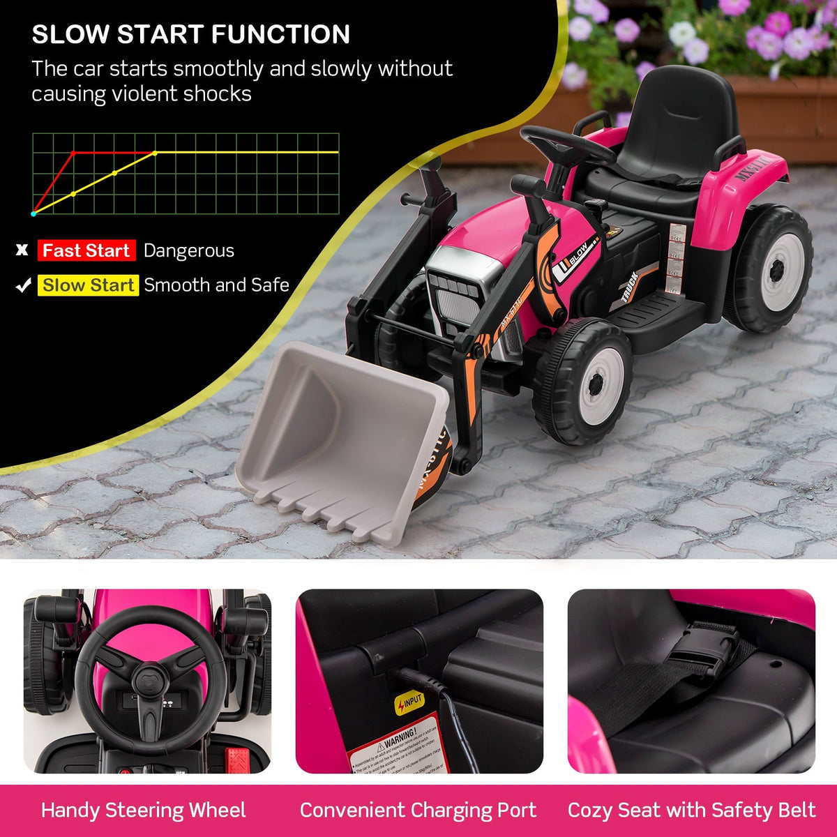 Excavadora montable para niños de 12 V con batería, brazo y pala ajustables