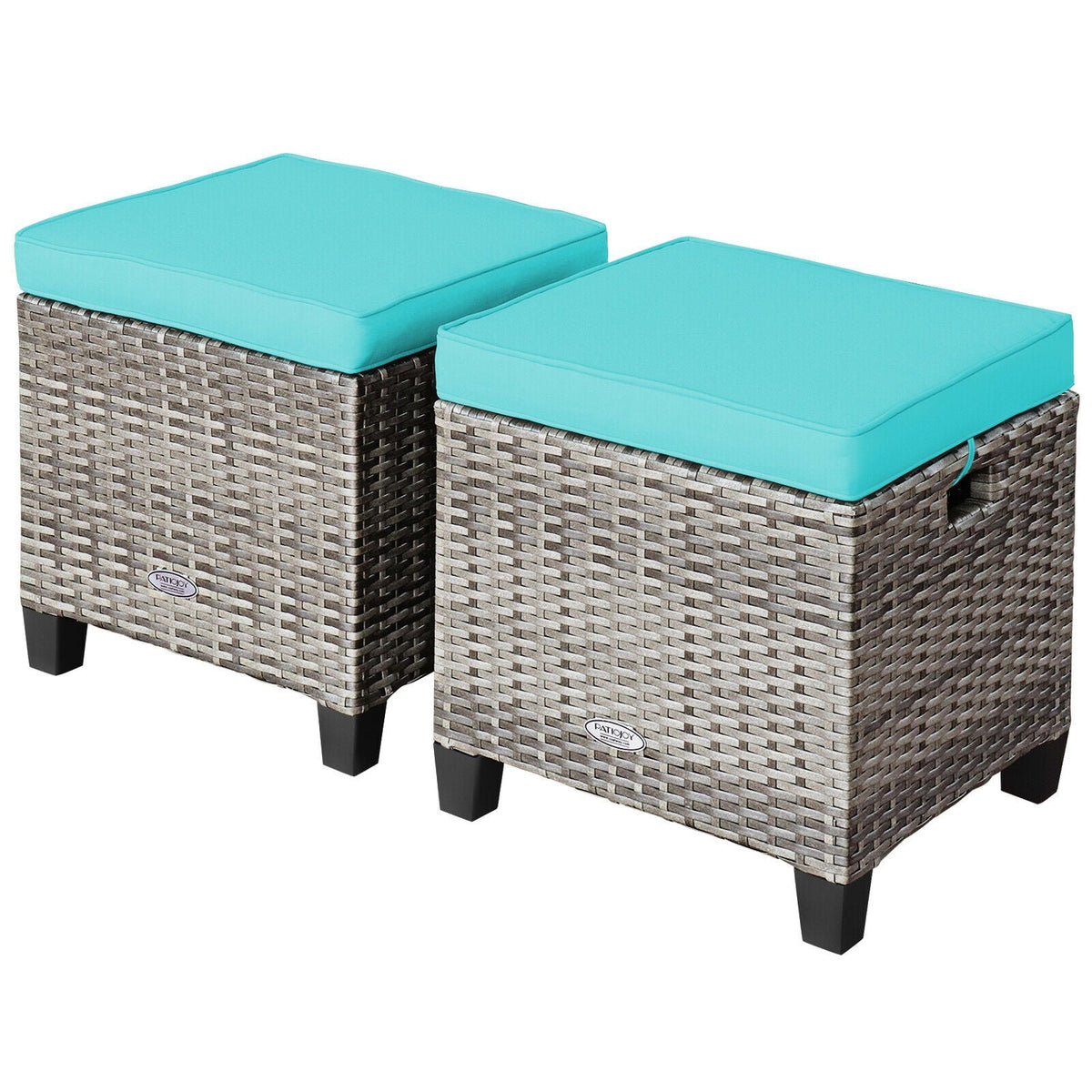 2 Pieces Patio Rattan Ottoman Seat with Removable Cushions-Navy