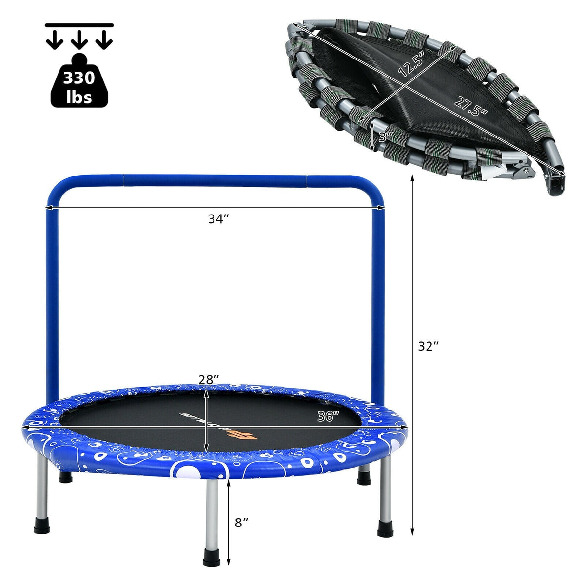 36 Inch Kids Trampoline Mini Rebounder with Full Covered Handrail