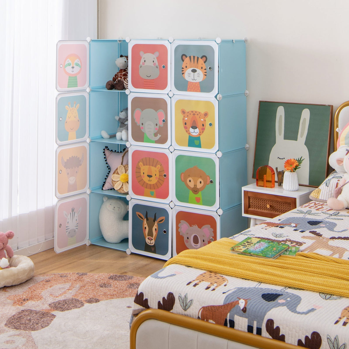 Armario de 12 cubos para niños con sección para colgar y puertas