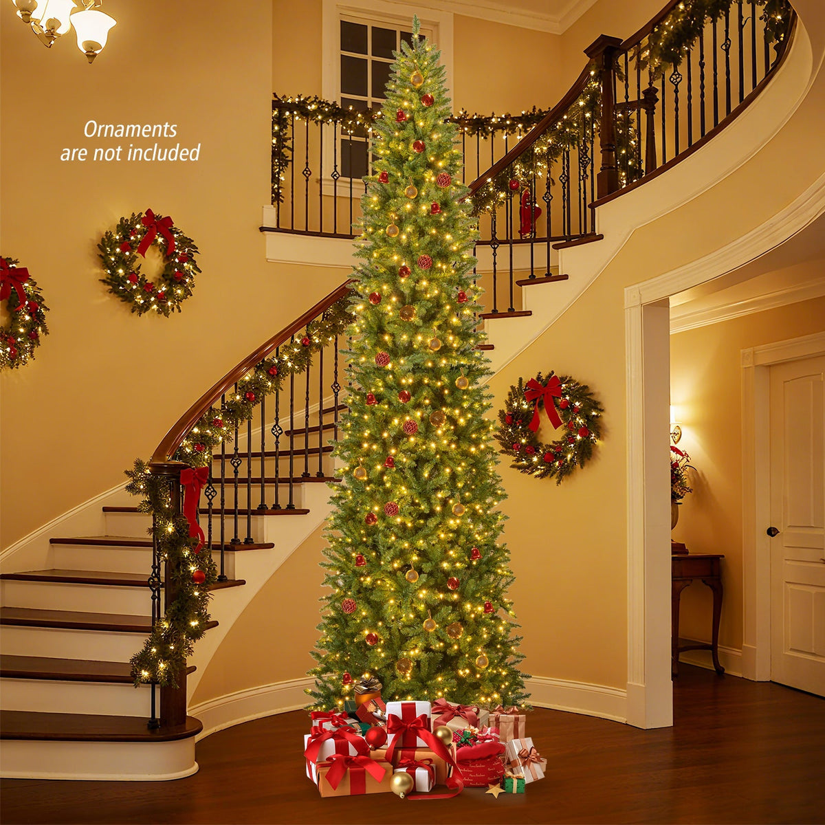 12 Feet Tall Pre-Lit Artificial Christmas Tree Outdoor Indoor Slim Pencil Tree with Lights