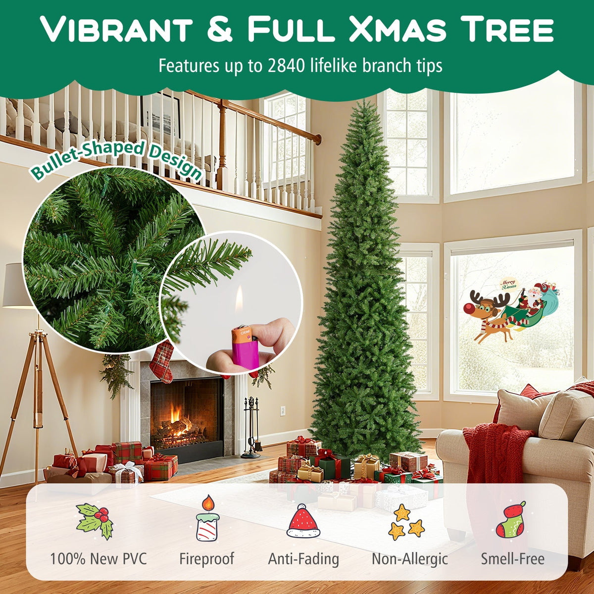 12 Feet Tall Pre-Lit Artificial Christmas Tree Outdoor Indoor Slim Pencil Tree with Lights