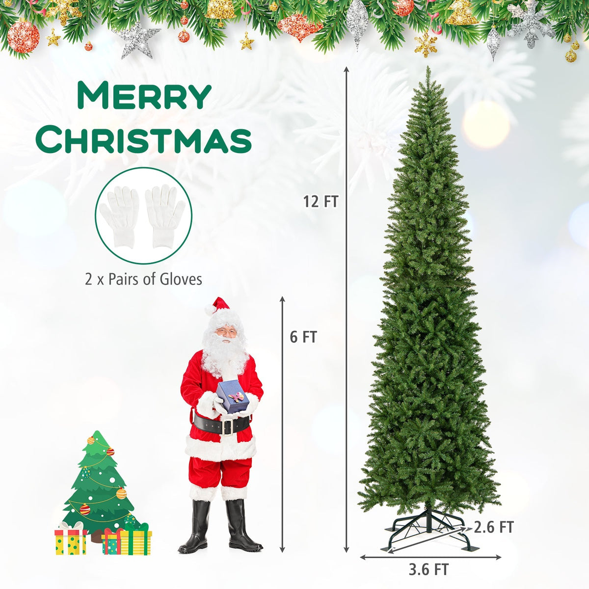 12 Feet Tall Pre-Lit Artificial Christmas Tree Outdoor Indoor Slim Pencil Tree with Lights