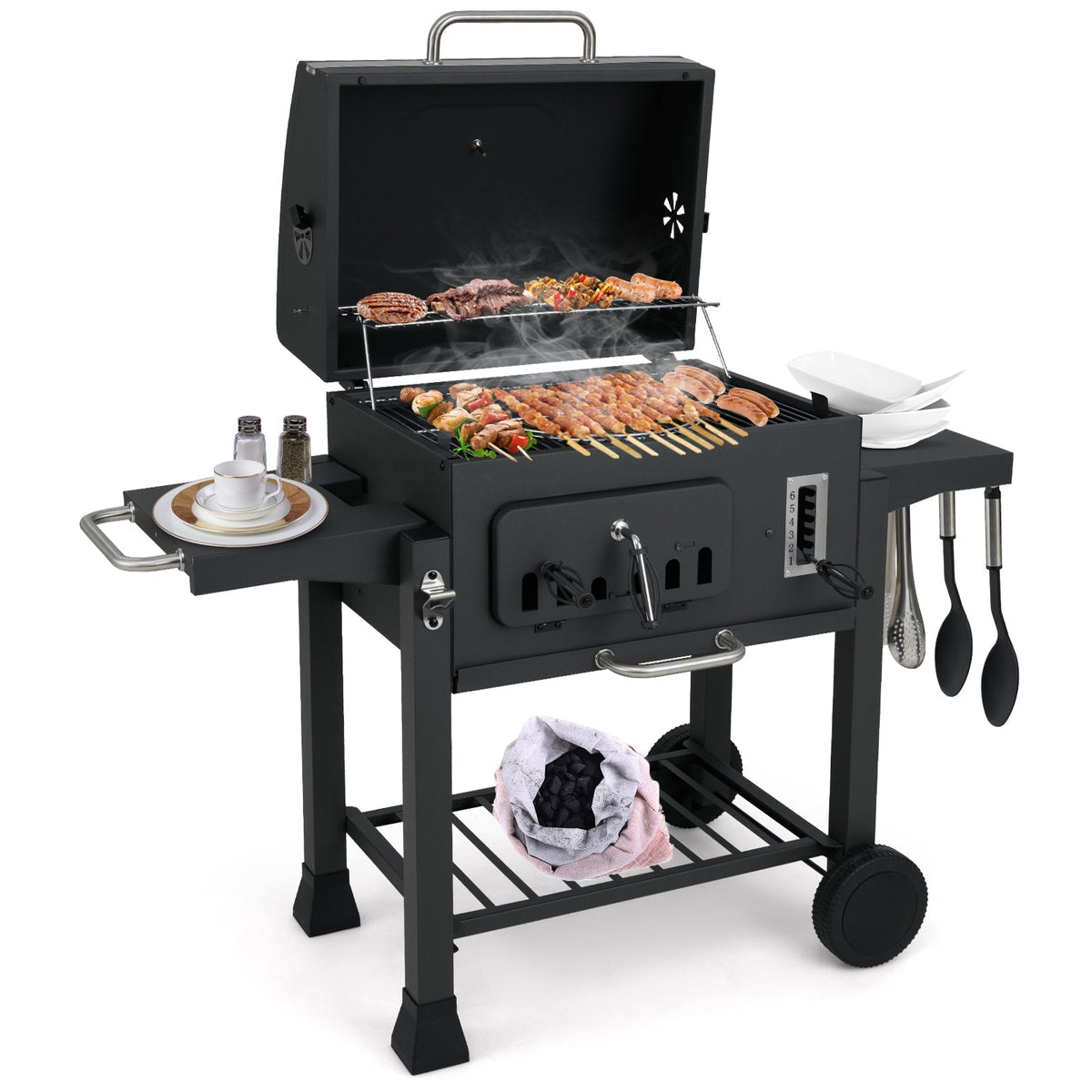 24-Inch Barrel Charcoal Grill with 2 Folding Side Tables and 544 sq.in Cooking Area