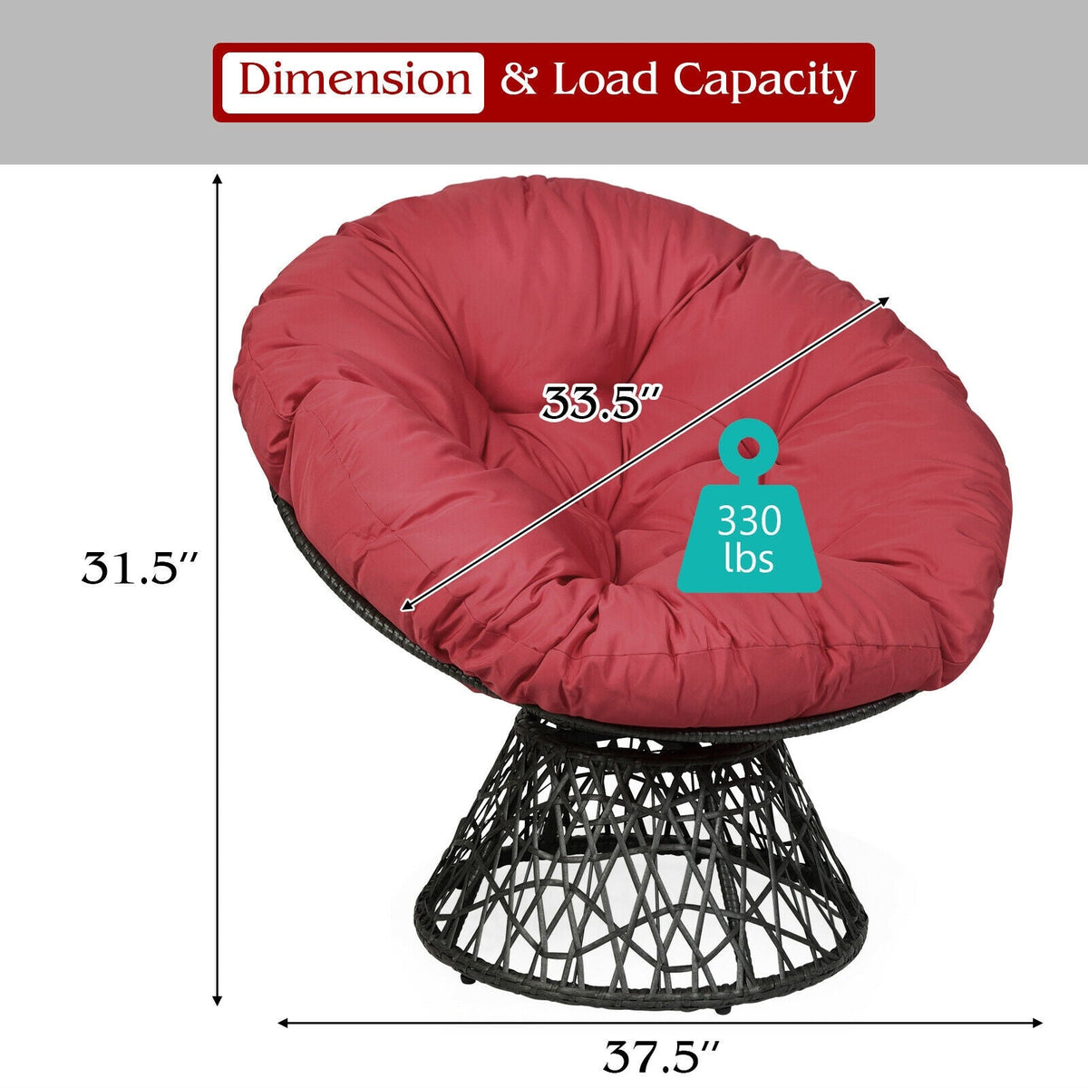 Rattan Papasan Chair Ergonomic 360-degree Swivel Soft Cushion Garden