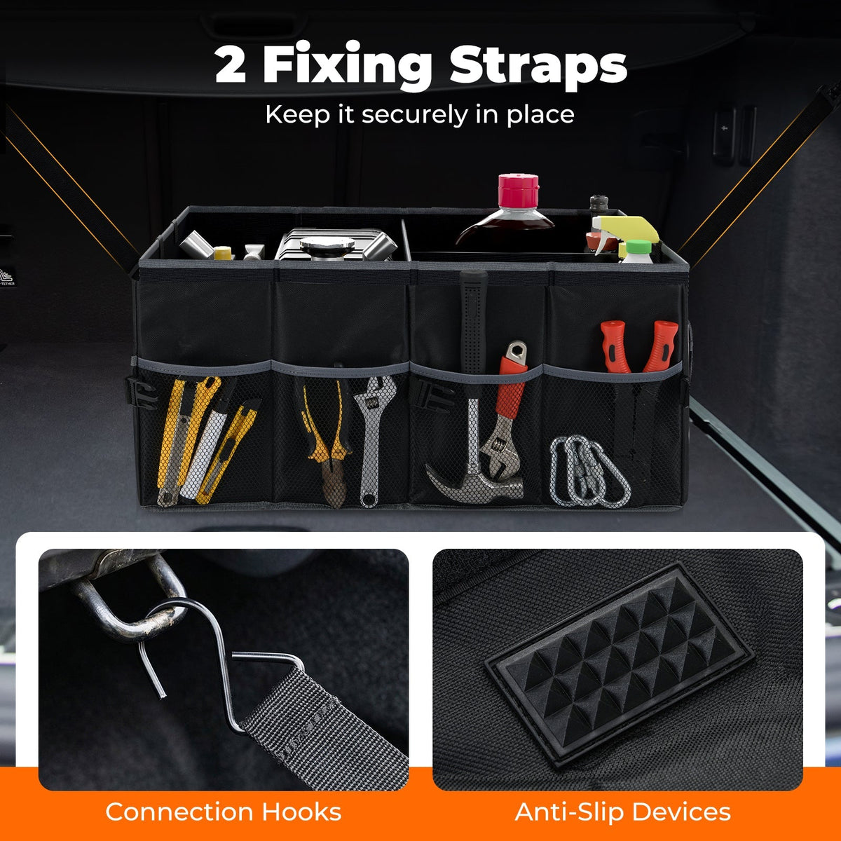 13 Gallon Car Trunk Organizer with Removable Divider and 6 Pockets-Black