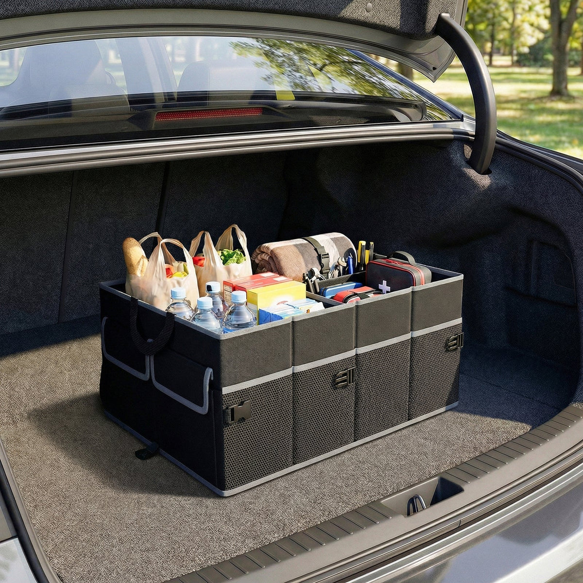 13 Gallon Car Trunk Organizer with Removable Divider and 6 Pockets-Black