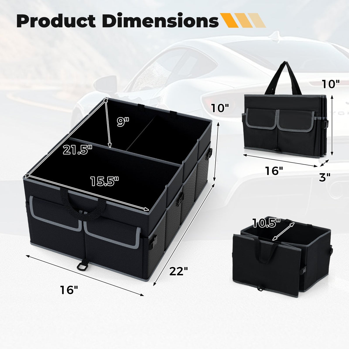 13 Gallon Car Trunk Organizer with Removable Divider and 6 Pockets-Black