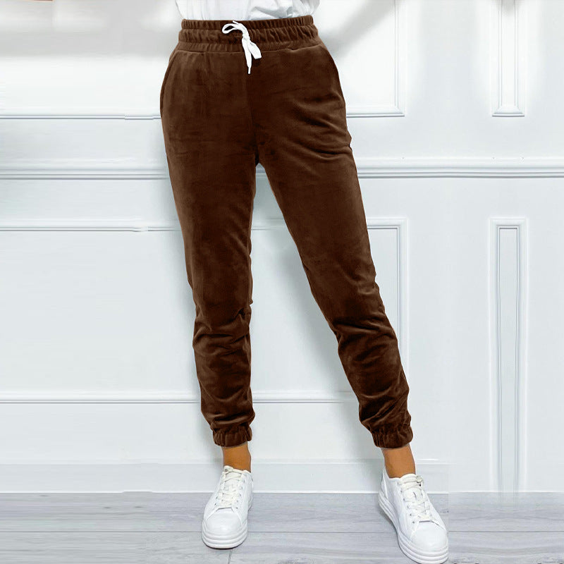 Versatile Women's Jogger Pants With Elastic Waistband And Drawstring, Korean-style Velvet Casual Pants, Sportswear