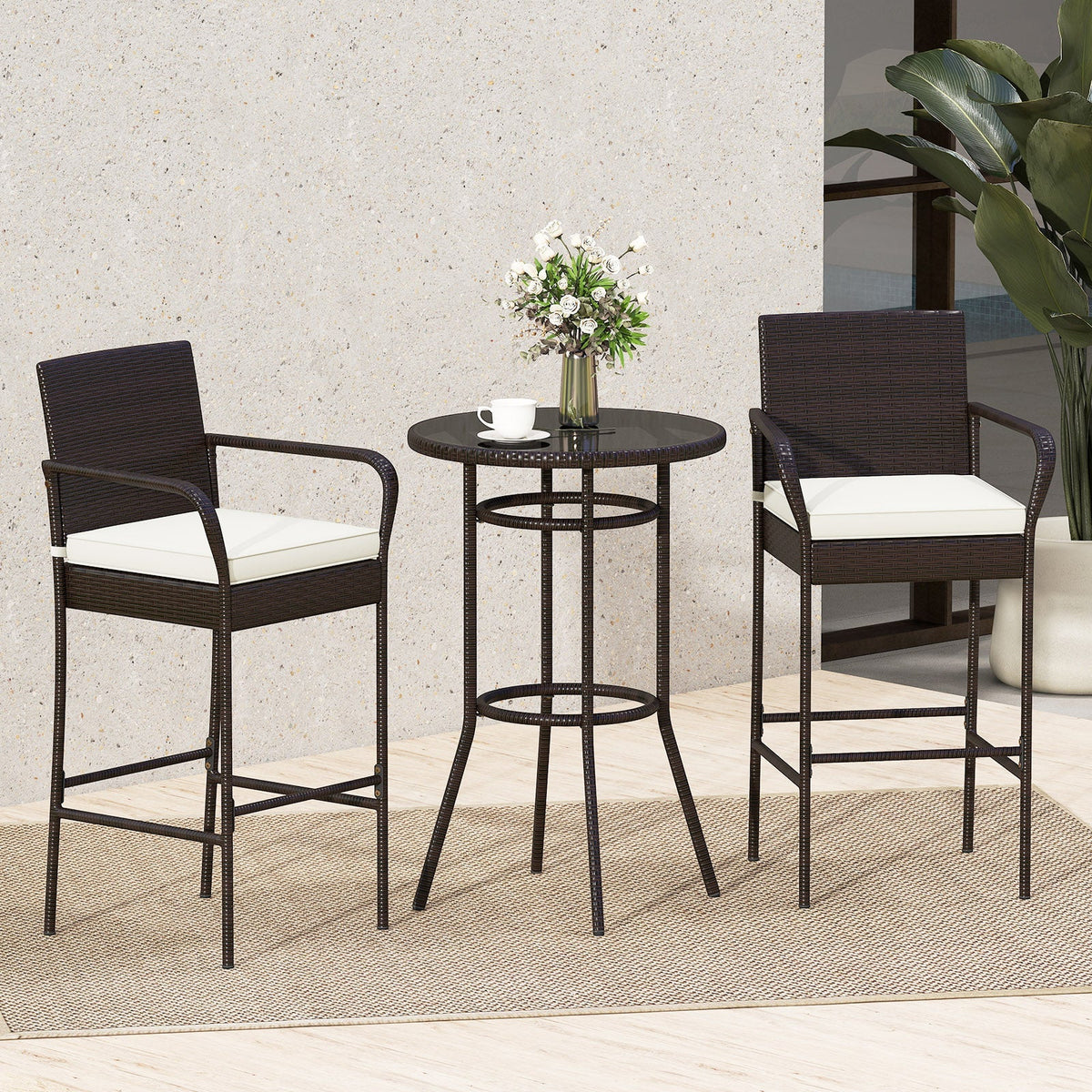 Patio Rattan Bar Height Table and Chairs with 2 Seat Cushions for Porch-White