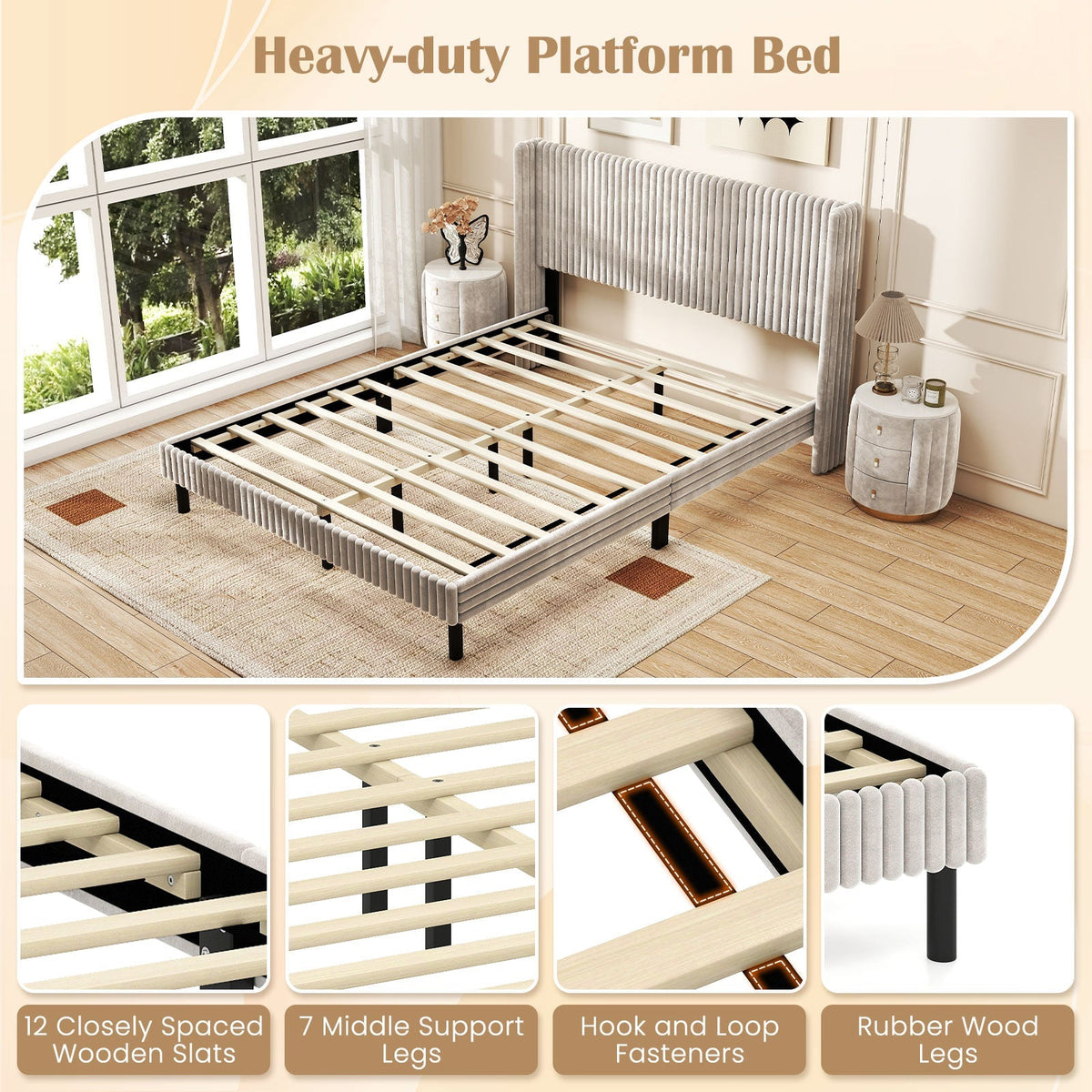 Queen Size Velvet Bed Frame with Vertical Channel Tufted Wingback Headboard-White