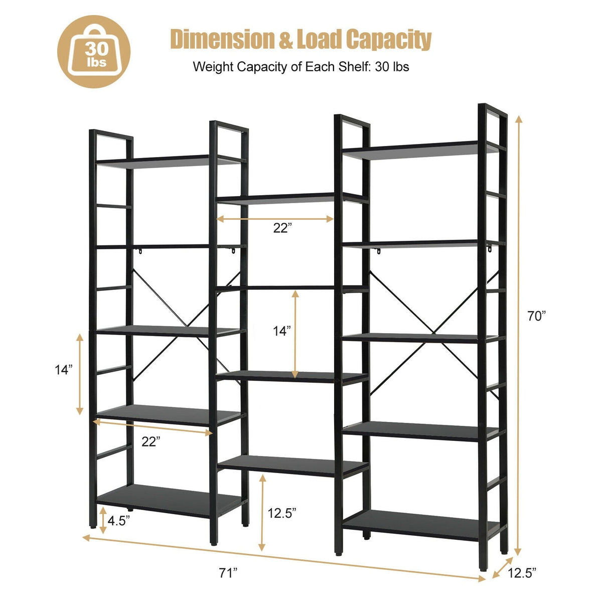 Vintage Triple Wide 5-Tier Bookcase Large Bookshelf Display Storage Shelf