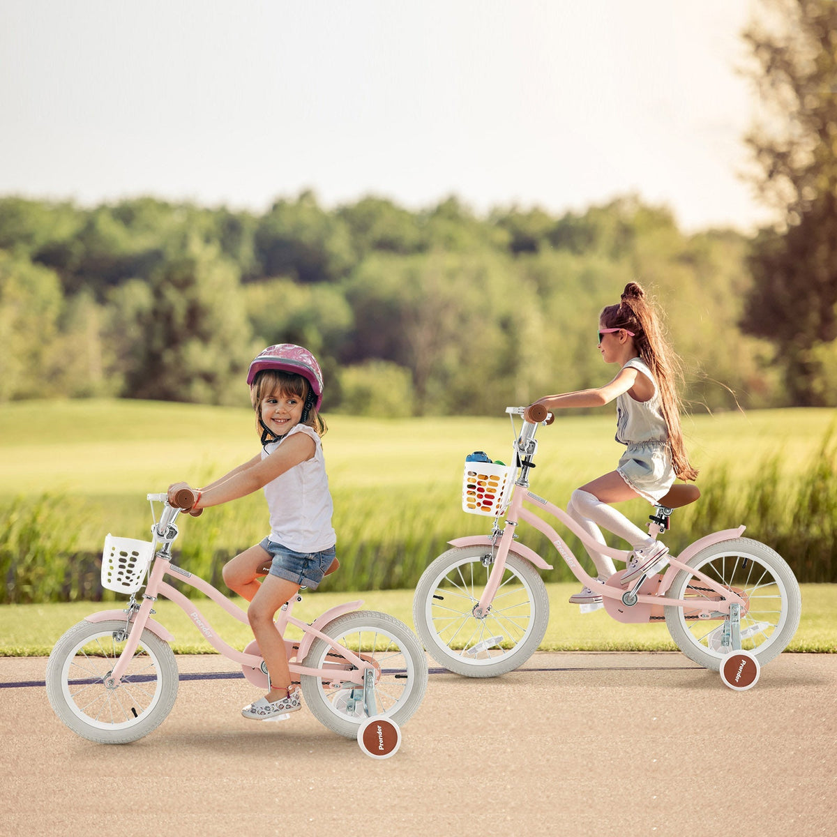 Bicicleta para niños de 14 pulgadas con ruedas de entrenamiento extraíbles y cesta - Rosa