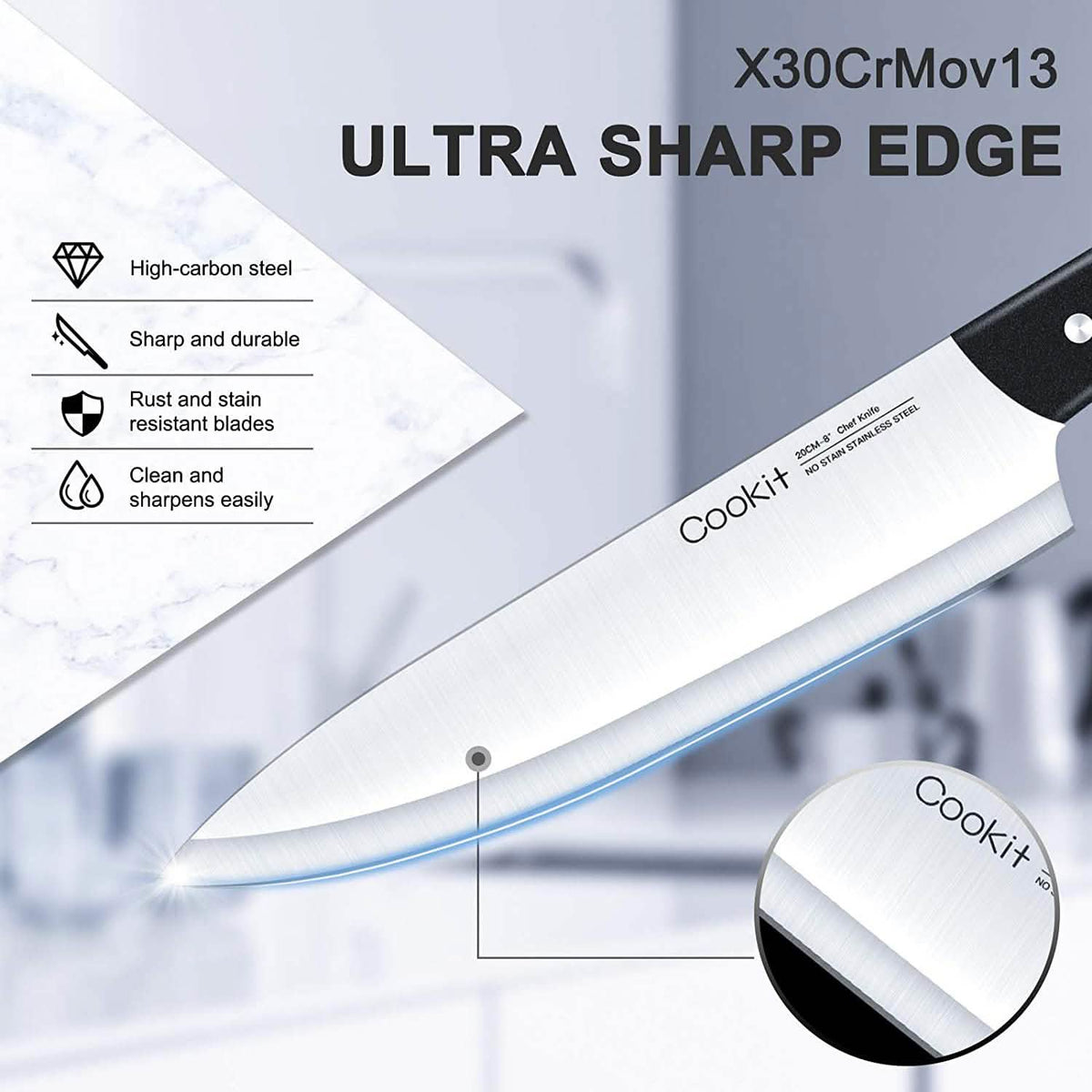 15-Pieces Set: Cookit Germany Stainless Steel Knife Block Set and Serrated Steak Knives