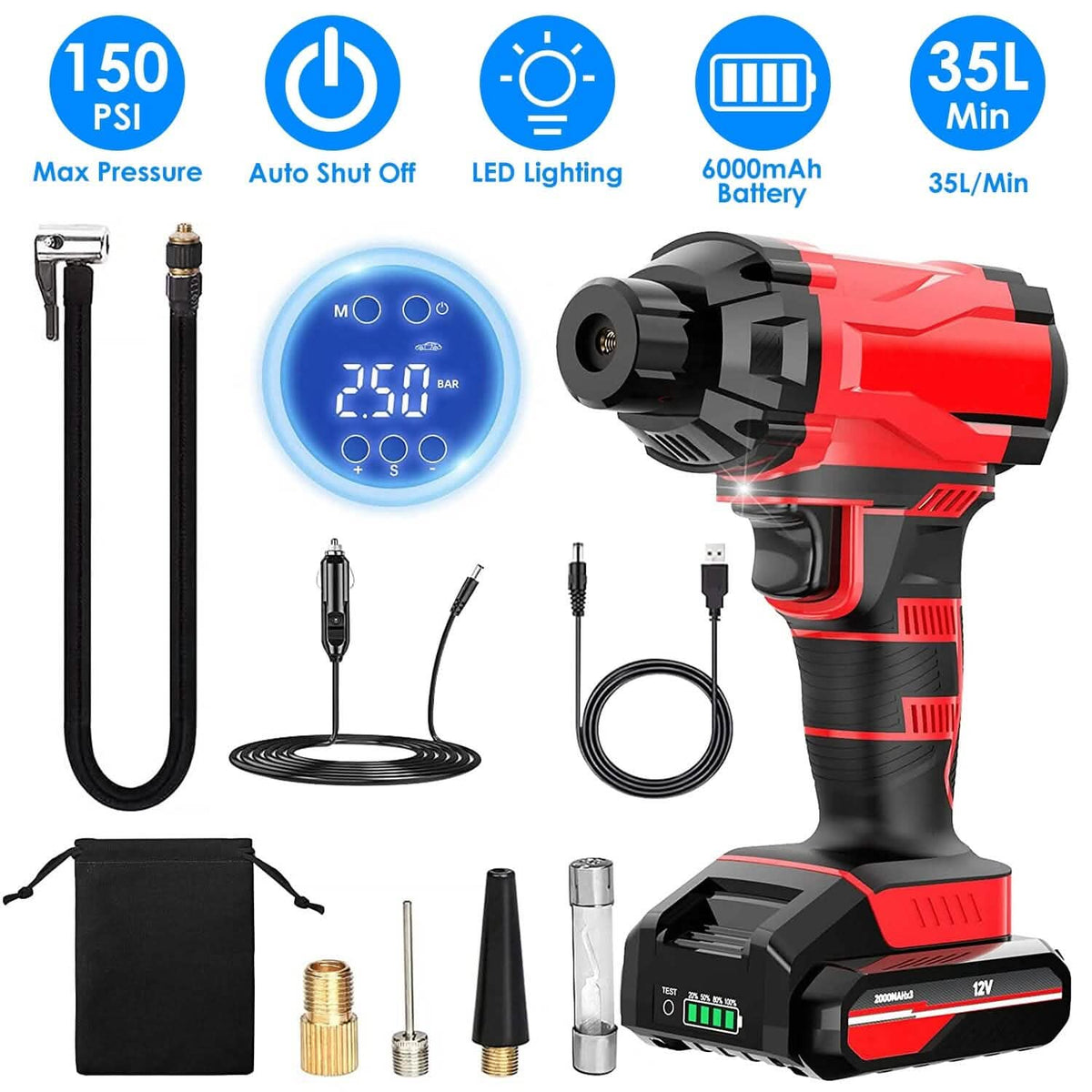 150 PSI 12V Portable Cordless Tire Pump 6000mAh Rechargeable with LED Light