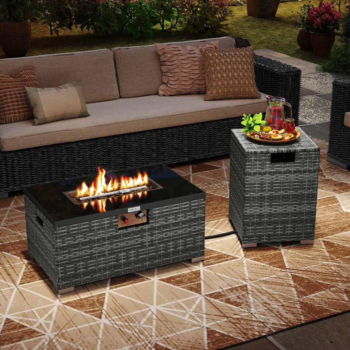 2-Piece Outdoor Rattan Fire Table Set 32 Inch Rectangle Gas Firepit with Tank Cover