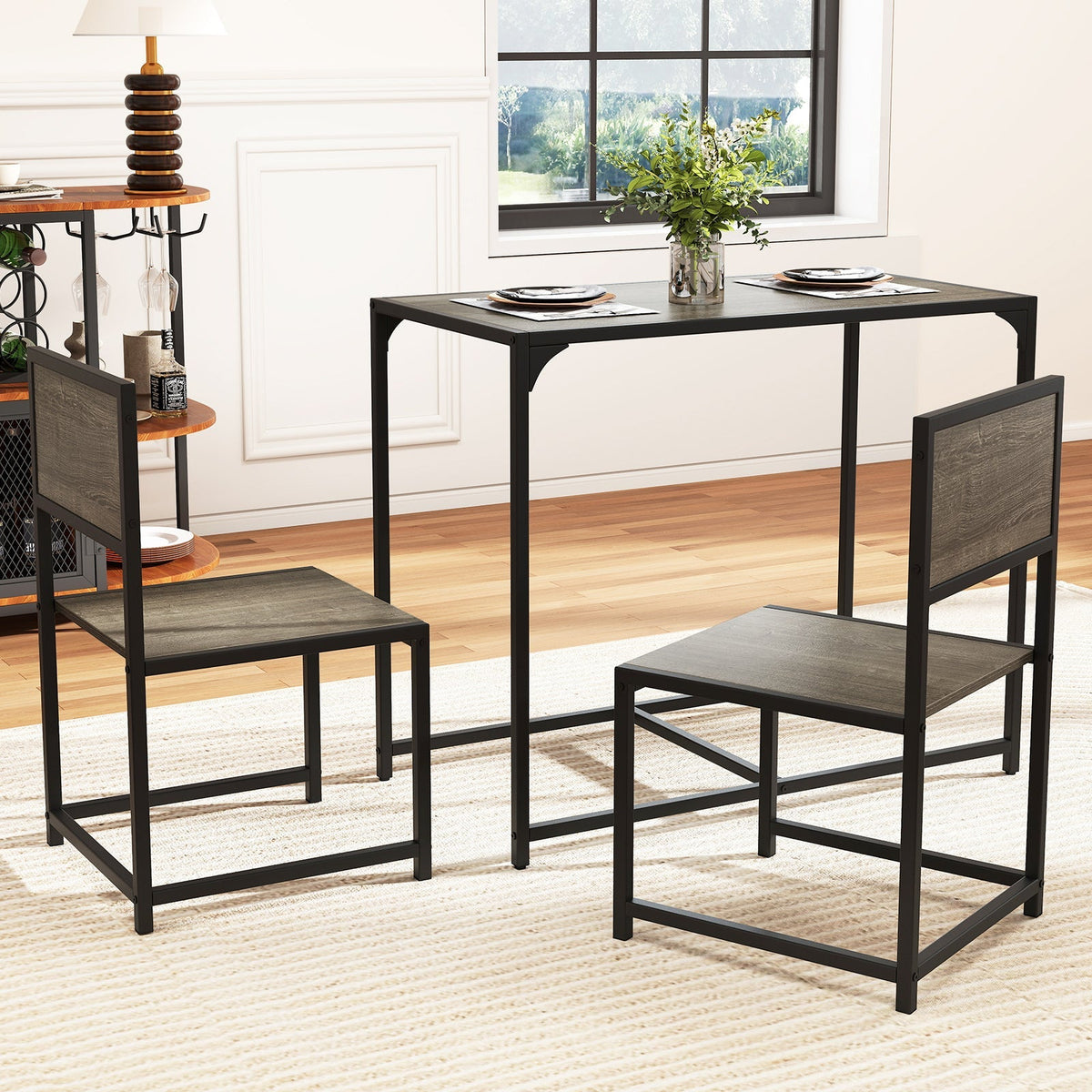 3 Pcs Dining Set Compact Table and 2 Chair with Metal Frame for for Small Space