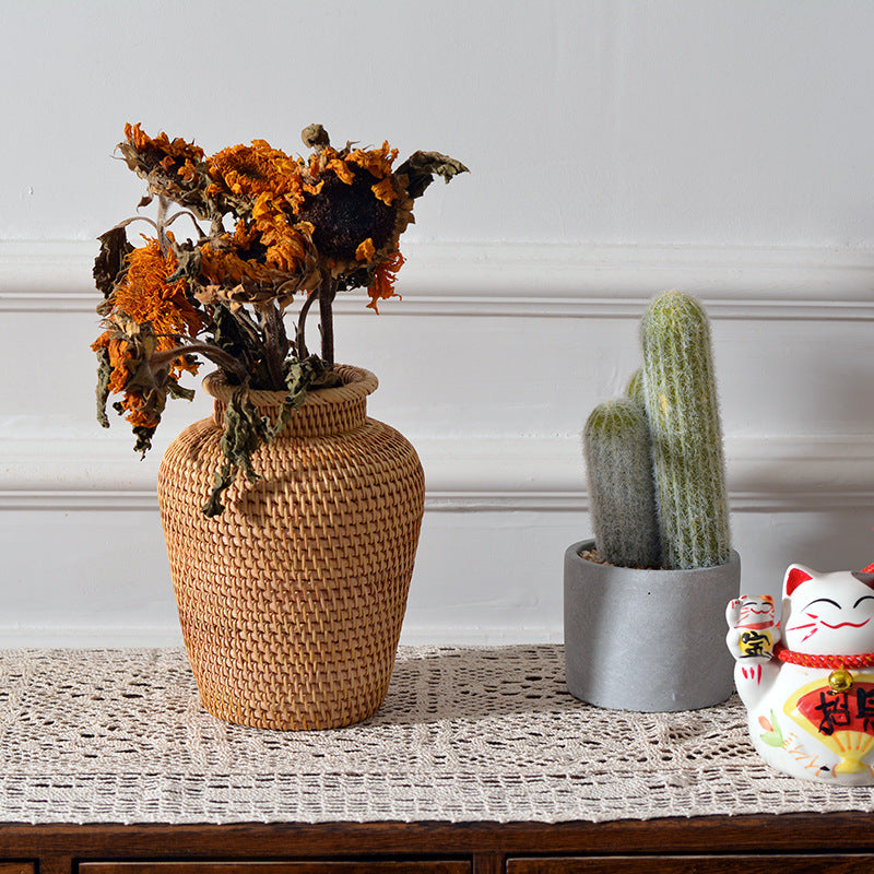 Adornos de ratán trenzado, jarrones secos florales, jarrones creativos, cestas de flores decorativas de mesa
