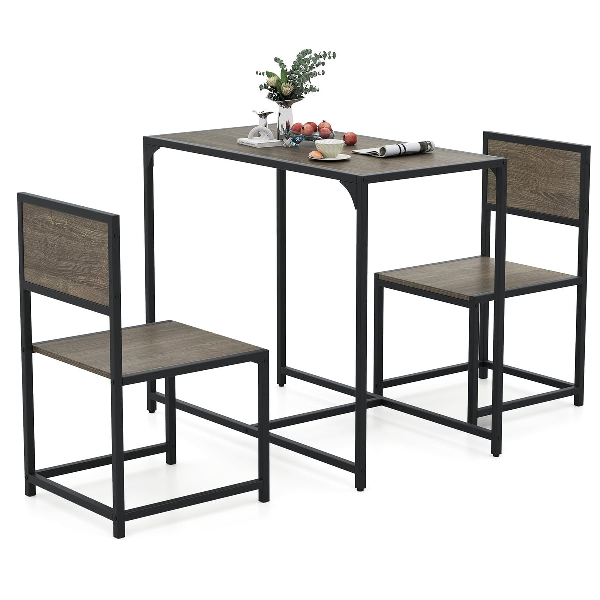 3 Pcs Dining Set Compact Table and 2 Chair with Metal Frame for for Small Space
