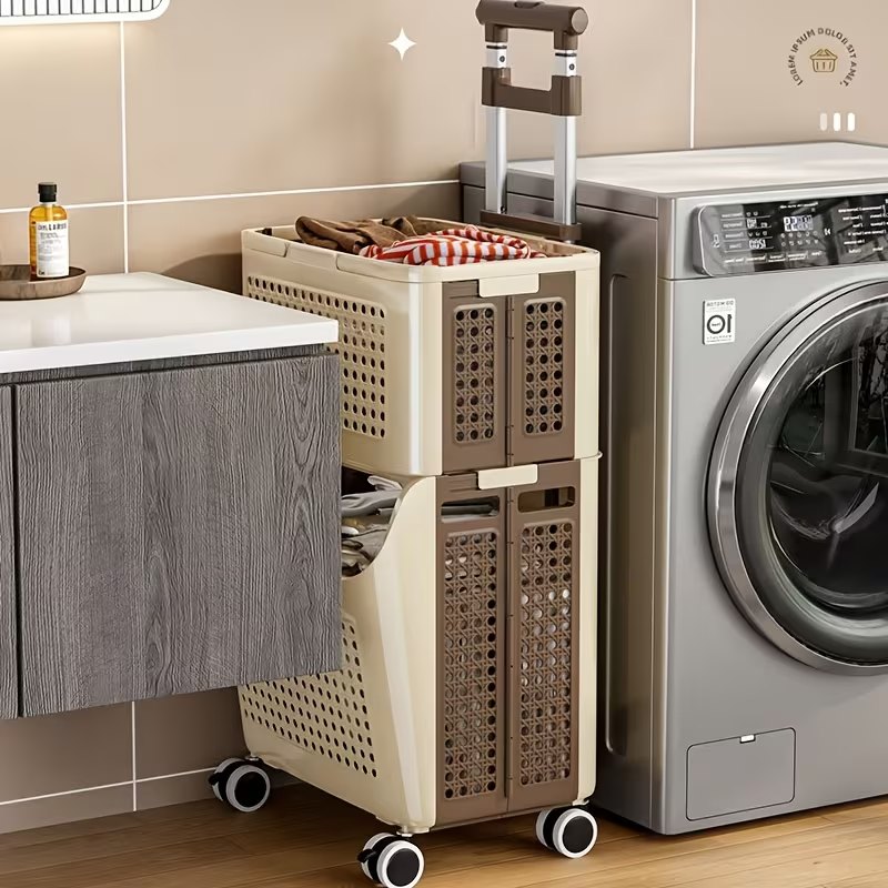 Collapsible Double-Layer Plastic Laundry Basket with Wheels